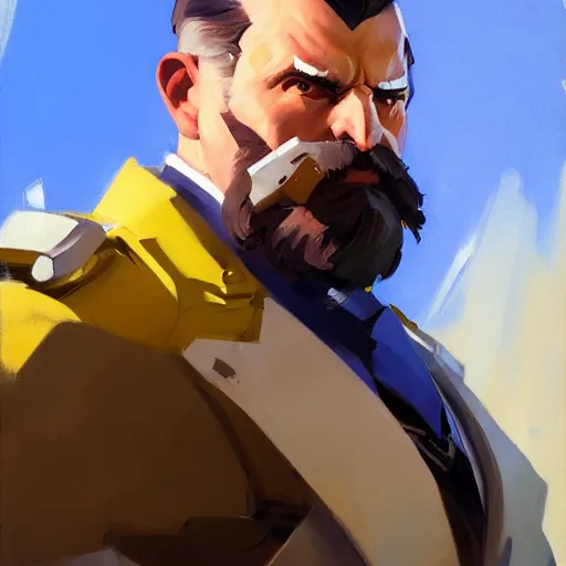 Image similar to Greg Manchess portrait painting of Walther White as Overwatch character, medium shot, asymmetrical, profile picture, Organic Painting, sunny day, Matte Painting, bold shapes, hard edges, street art, trending on artstation, by Huang Guangjian and Gil Elvgren and Sachin Teng