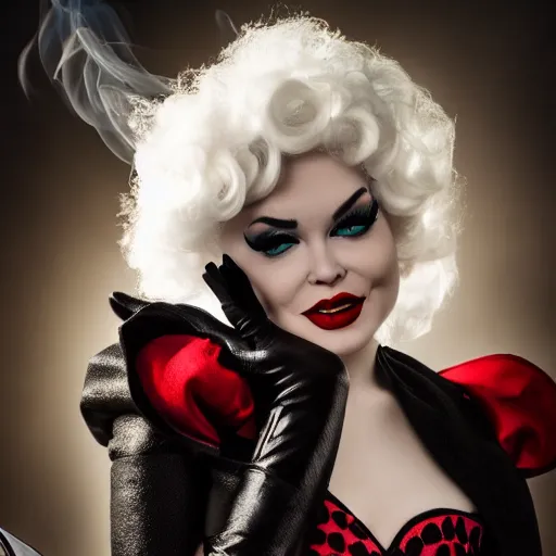 Prompt: disney cruella devilla, 8 k, professional photography, cinematic shot, dark, smoke