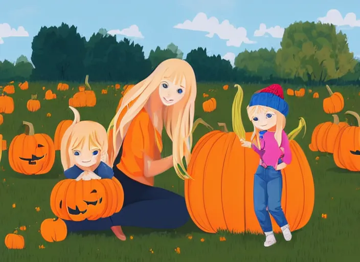 Image similar to little girl with long blonde hair and her mother visiting a pumpkin patch. clean cel shaded vector art. shutterstock. behance hd by lois van baarle, artgerm, helen huang, by makoto shinkai and ilya kuvshinov, rossdraws, illustration, art by ilya kuvshinov