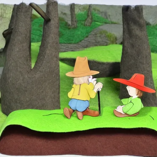 Image similar to Snufkin and Moomin are sitting on a bridge over a river in moominvalley and playing the harmonica, summer day, made of felt and wool, claymation film