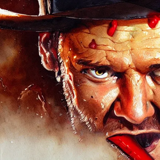 Prompt: close up indiana jones stealing a pepperoni pizza, its sloppy wet and gross, that is on a pedastal painted by greg rutkowski