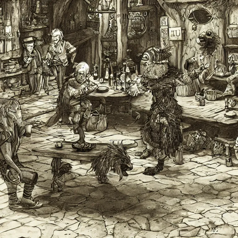 Image similar to a single emu in a halfling tavern, fantasy rpg book illustration