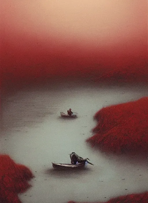 Image similar to dead river, dead fish, poland, red color, highly detailed, 8 k, artstation, beutifull, masterpiece by beksinski