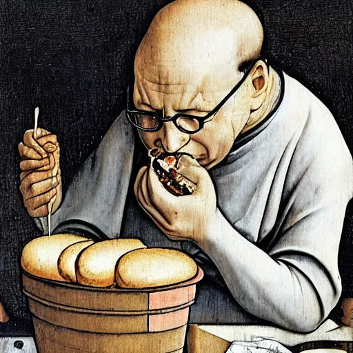 Image similar to George Costanza eating an eclair out of a trash can, by Hieronymous Bosch