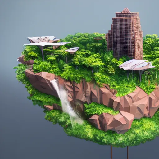 Prompt: manhattan on a floating island with a waterfall in the sky, low poly art, isometric art, 3d render, ray tracing, high detail, artstation, concept art, behance, smooth, sharp focus, ethereal lighting