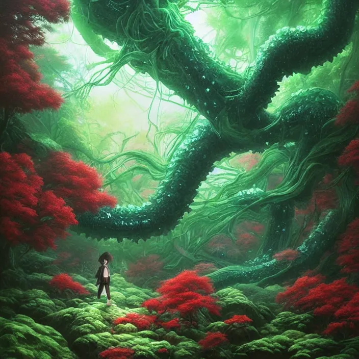 Image similar to Japan Lush Forest, official anime key media, Iwakura Lain, LSD Dream Emulator, paranoiascape ps1, official anime key media, painting by Vladimir Volegov, beksinski and dan mumford, giygas, technological rings, johfra bosschart, Leviathan awakening from Japan in a Radially Symmetric Alien Megastructure turbulent bismuth glitchart, Atmospheric Cinematic Environmental & Architectural Design Concept Art by Tom Bagshaw Jana Schirmer Jared Exposure to Cyannic Energy, Darksouls Concept art by Finnian Macmanus