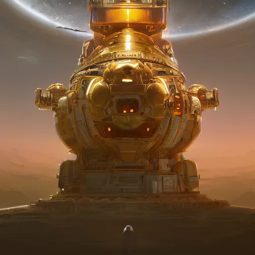 Prompt: colossal dream bot mothership in outer space, golden heart, golden hour, intricate details, sharp focus, digital art, hyper realistic, 4 k, unreal engine, highly detailed, hd, dramatic lighting by brom, trending on artstation