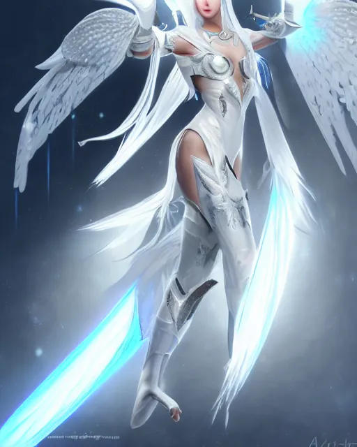 Prompt: perfect white haired egyptian goddess wearing white dove wings, warframe armor, regal, attractive, ornate, sultry, beautiful, ice queen, half asian, pretty face, blue eyes, detailed, scifi platform, 4 k, ultra realistic, volumetric lighting, illuminated, cinematic, masterpiece, art by akihito tsukushi, voidstar