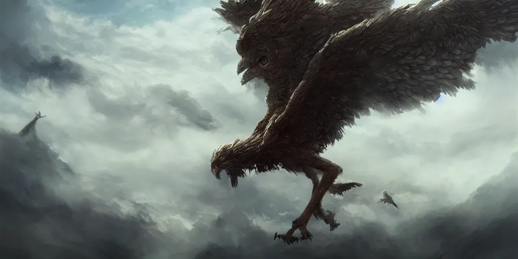 Prompt: a giant griffin ascending to the clouds, concept art, digital illustration, trending on artstation, deviantart, artgerm, epic composition, masterpiece, highly detailed, advanced technique, ambient lighting, wlop, ross draws