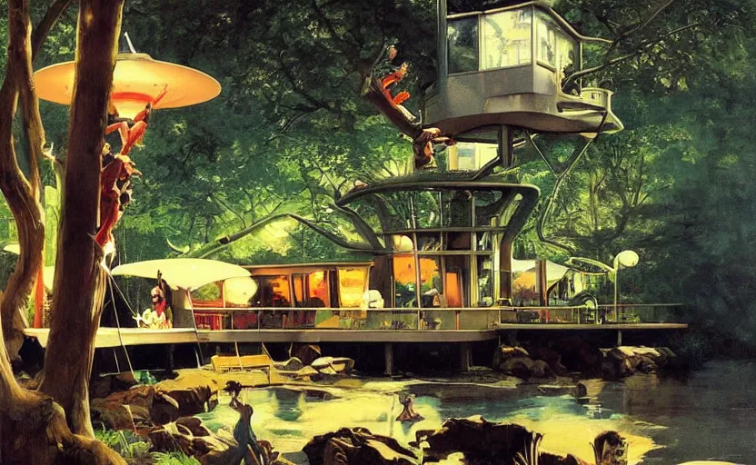 Image similar to a scene of futuristic treehouse lounge by water. highly detailed science fiction painting by norman rockwell, frank frazetta, and syd mead. rich colors, high contrast, gloomy atmosphere, dark background. trending on artstation