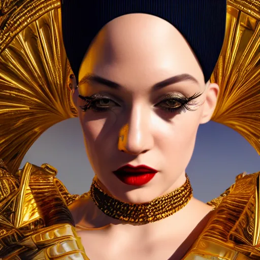 Image similar to innovative avant-garde art, deco fashion, royal theme, highly detailed, photorealistic portrait, golden hour, crisp quality and light reflections, unreal engine 5 quality render