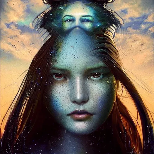 Prompt: 3 d, sci - fi, close - up, morning, smiling fashion model face, sun, cinematic, clouds, sun rays, vogue cover style, poster art, blue mood, realistic painting, intricate oil painting, high detail illustration, figurative art, multiple exposure, poster art, by tooth wu and wlop and beeple and greg rutkowski and igor morski