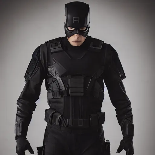 Image similar to photograph of a man wearing modern superhero costume. tactical outfit. dark colors. 4 k. highly detailed. film still. cinematic lighting.