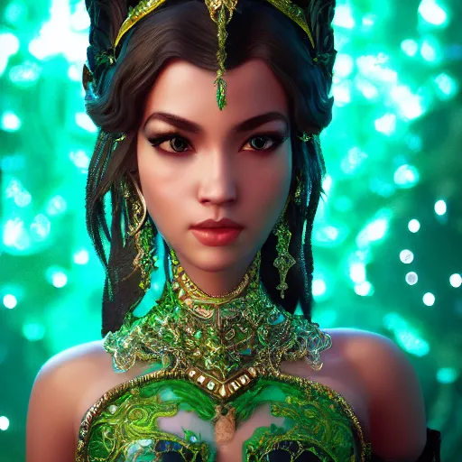 Prompt: portrait of wonderful princess of emerald with fair skin, glowing, ornate and intricate, jaw dropping, dynamic lighting, intricate and detailed, 4 k octane render,