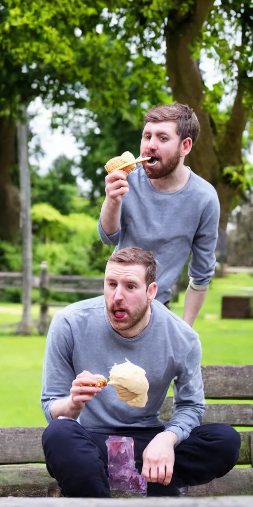 Image similar to colour photograph of a 3 0 year old british man eating ice cream at the park