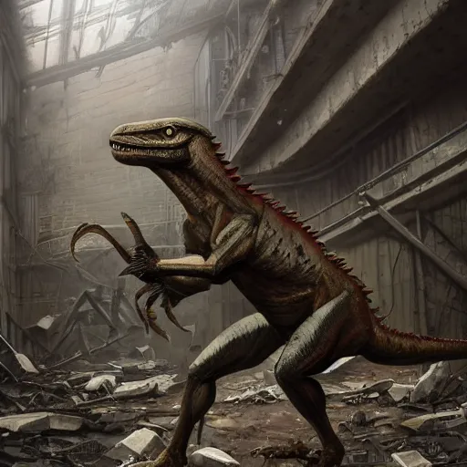 Image similar to a hyper - muscular anthro velociraptor with a magnificently muscular physique wearing tactical gear standing in the ruins of a facility, equine, highly detailed, digital painting, artstation, concept art, magic the gathering, illustration by artgerm, greg rutkowski