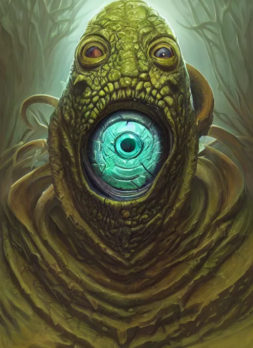 Prompt: hp lovecraft monster mf doom reptile eyes, blue skin, highly detailed, centered, digital painting, artstation, concept art, smooth, sharp focus, illustration, artgerm, tomasz alen kopera, peter mohrbacher, donato giancola, joseph christian leyendecker, wlop, frank frazetta