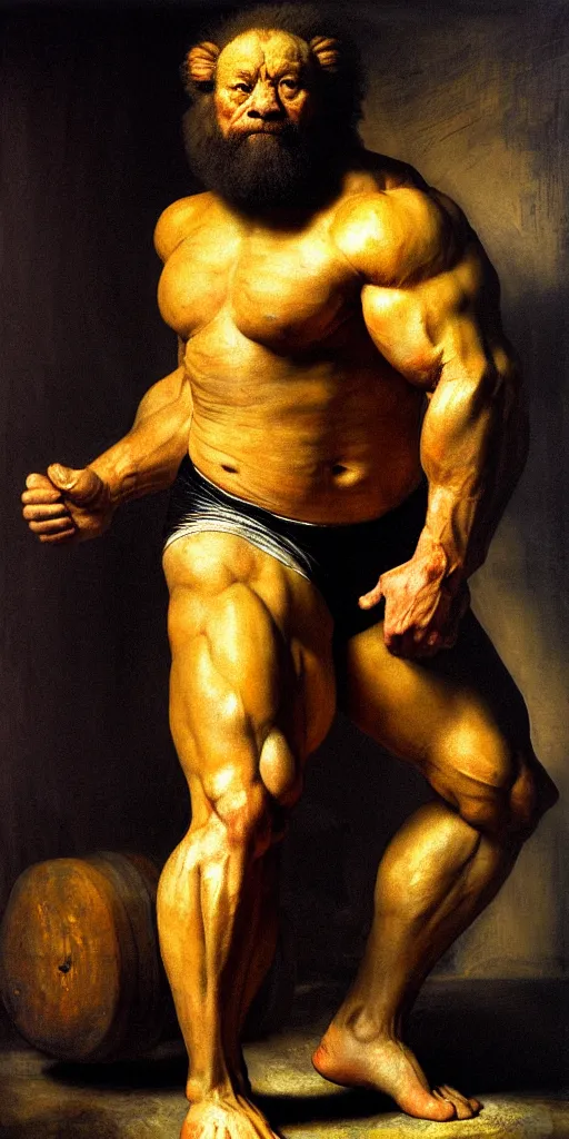 Prompt: oversized muscular lion as strongmen powerlifter human legs full body portrait pose , very textured detailed oil painting by rembrandt , hard backlight , in dark cave