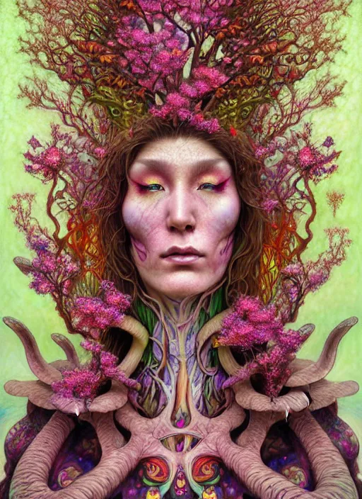 Image similar to extremely psychedelic organic shaman made of orchid and cherry blossom tree and mushroom, diffuse lighting, fantasy, intricate, elegant, highly detailed, lifelike, photorealistic, digital painting, artstation, illustration, concept art, smooth, sharp focus, art by John Collier and Albert Aublet and Krenz Cushart and Artem Demura and Alphonse Mucha