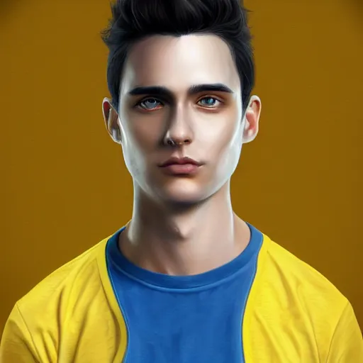 Prompt: ultra realistic illustration, a young man with black hair, in a yellow t - shirt, with blue eyes, highly detailed, digital painting, artstation, concept art, smooth, sharp focus, illustration