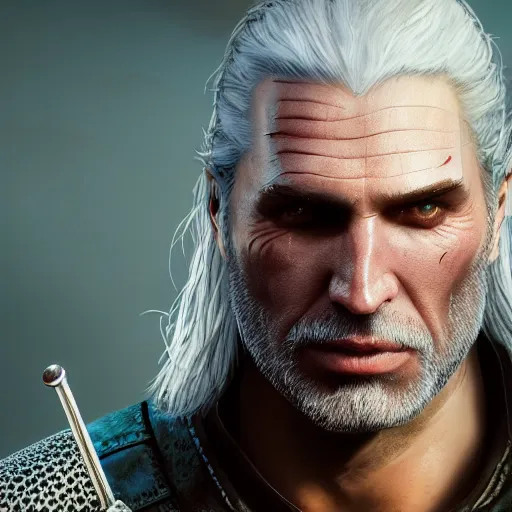 Image similar to geralt from the witcher 3 video game, huggy wuggy from poppy playtime video game, fullbody, ultra high detailed, glowing lights, oil painting, greg rutkowski, charlie bowater, beeple, unreal 5, daz, hyperrealistic, octane render, rpg portrait, dynamic lighting, fantasy art, beautiful face