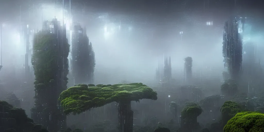 Image similar to a futuristic city scape of vertical organic farms, growing, mossy cellular structures, epic landscape, endless towering science fiction towers, raining, misty, in the style of john harris