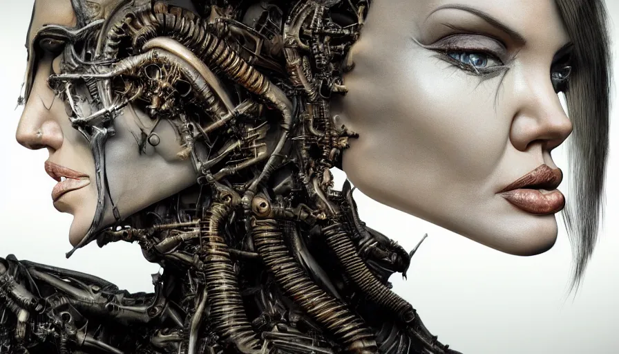 Image similar to angelina jolie by roger dean, by hr giger, biomechanical, profile portrait, hyper detailed, hyperrealism, deviantart, artstation, 4 k, highly detailed, vray rendering, unreal engine