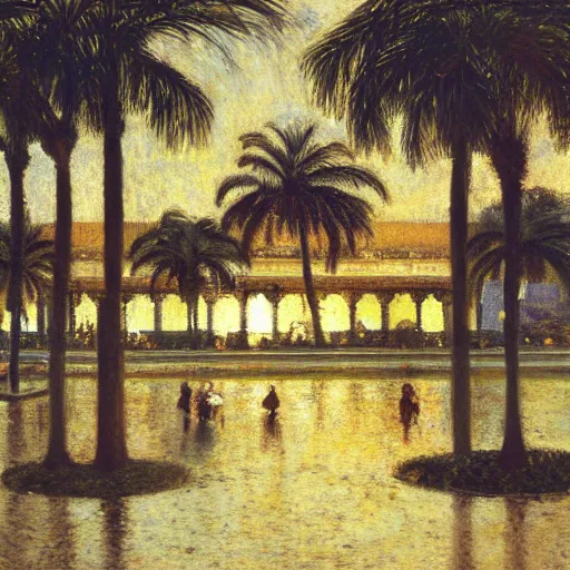 Image similar to a ultradetailed beautiful painting of the night on the amazonas palace by jules bastien - lepage, hans belmer, frank weston and gustave baumann, trending on artstation, mediterranean, palm trees, light sparkles, sharp focus, soft light, 8 k 4 k