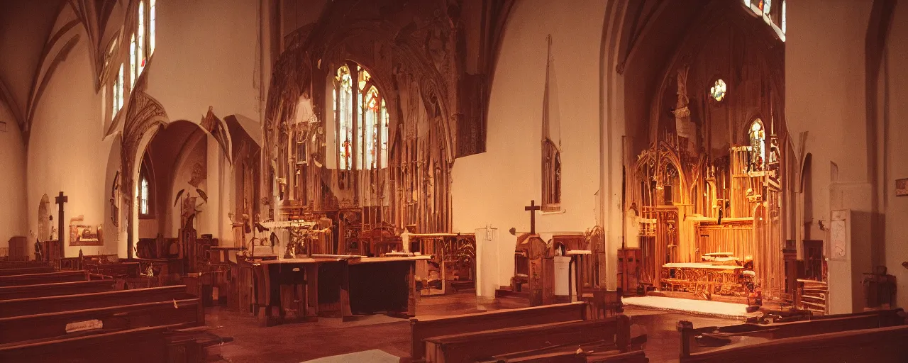 Prompt: interior of a church with an altar of spaghetti, canon 5 0 mm, cinematic lighting, photography, retro, film, kodachrome, closeup
