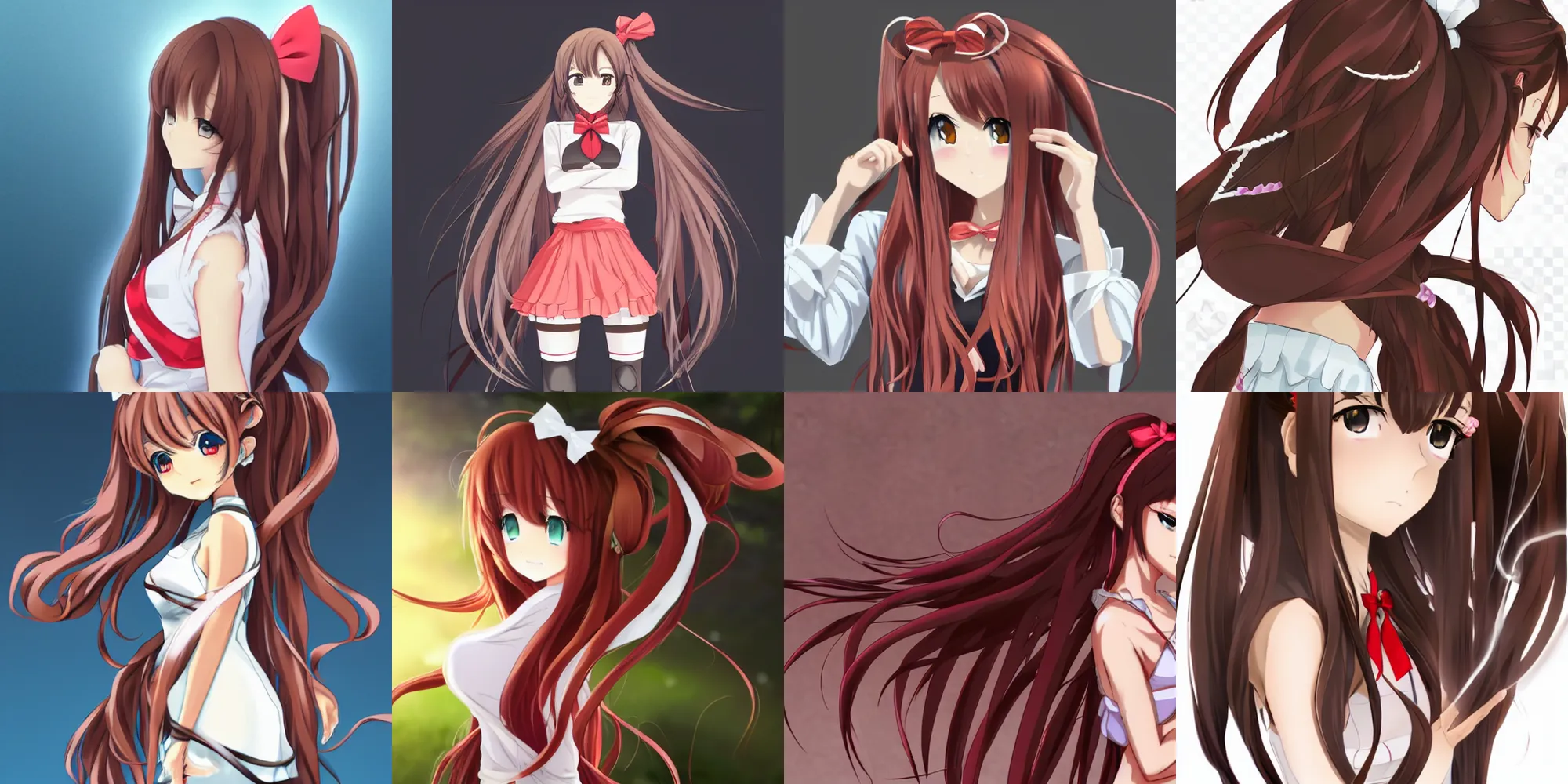 Prompt: An anime girl with extensively long coral brown hair that she keeps tied up in a high ponytail tied back with a large white bow, curled slightly at the ends, full body sprite, anime key frame