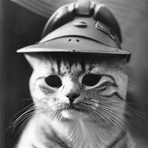 Prompt: Close up of a cat wearing a soldier helmet in the battle, ww2 historical photo, black and white
