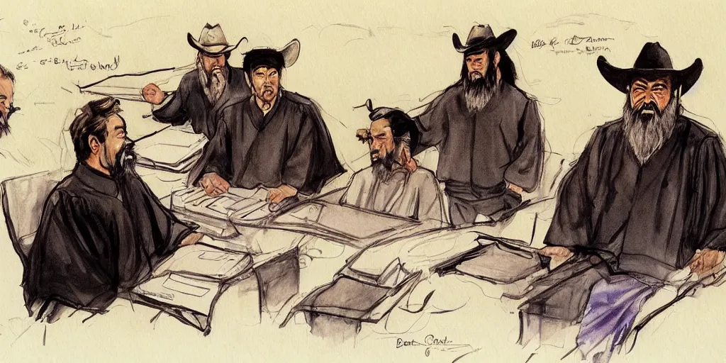 Prompt: Confucius and jury trial, a few cowboys in the american courtroom sketch by Christine Cornell by Batton Lash by John M. Downs by Leo Hershfield, judge with face of clint eastwood, concept art