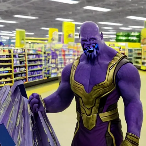 Image similar to thanos looking for his mom at wallmart, sharp focus