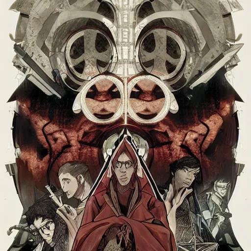 Image similar to The Sect Occultists, game poster , Artwork by Akihiko Yoshida, cinematic composition