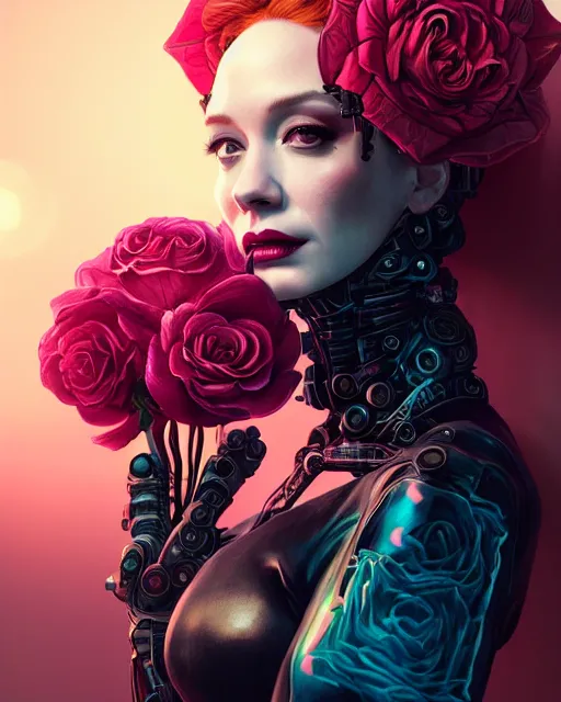 Image similar to portrait of christina hendricks with roses, cyberpunk cyborg. roses, sci - fi, intricate abstract upper body intricate artwork, by tooth wu, wlop, beeple, dan mumford. concept art, octane render, deviantart, greg rutkowski, cinematic arthouse, key art, hyper realism, iridescent accents