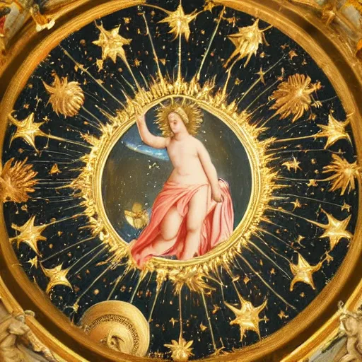 Image similar to Saint Woman, Putti, Venus, Athena, Sistina, baroque, marble and gold, stars, space, sun, pomegranade, pinecone, bronze