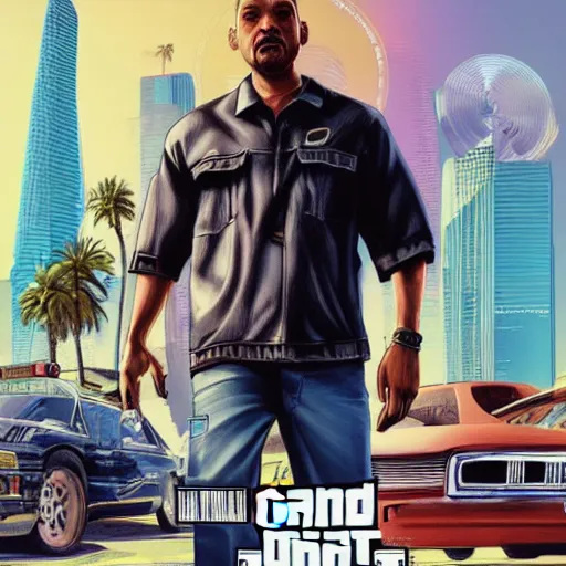 Prompt: Will Smith as Grand Theft Auto V cover art, hyperdetailed, artstation, cgsociety, 8k