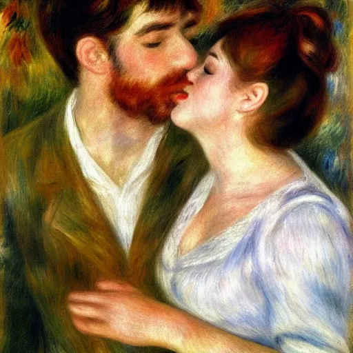 Image similar to art by renoir, man kissing man, people wearing clothes