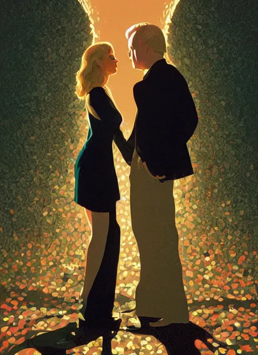 Image similar to poster artwork by Michael Whelan and Tomer Hanuka, Karol Bak of Naomi Watts & Philip Seymour Hoffman falling in love, from scene from Twin Peaks, clean, simple illustration, nostalgic, domestic, full of details