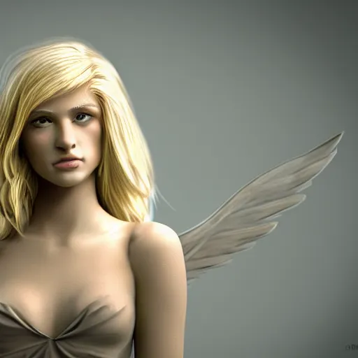 Image similar to very pretty blond female angel with wings, shallow depth of field, moody lighting, 8 k, concept art, wide angle,