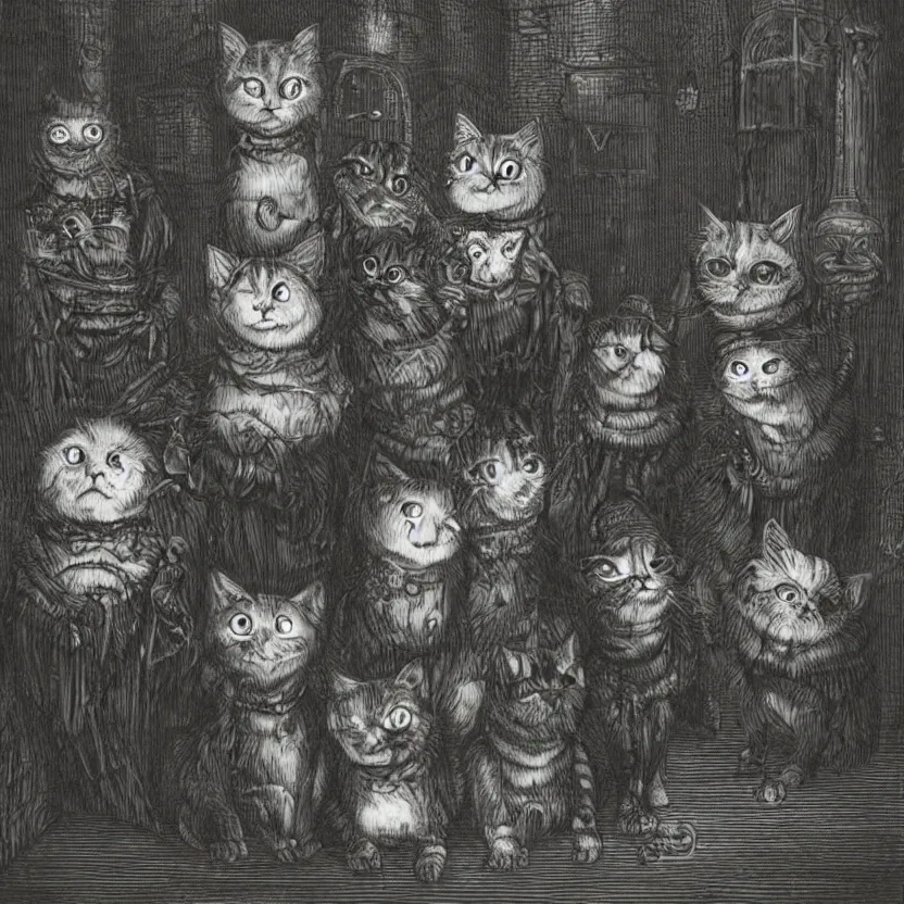 Prompt: a bunch of lovecraftian horror cats staring at you sitting in a dark victorian alley, uplight