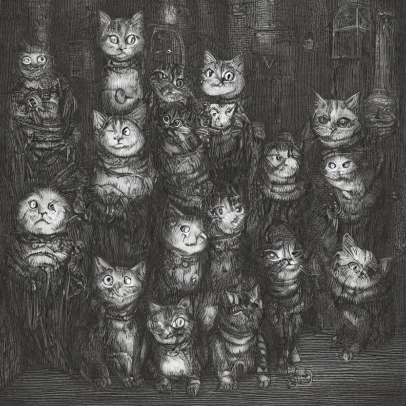 Image similar to a bunch of lovecraftian horror cats staring at you sitting in a dark victorian alley, uplight