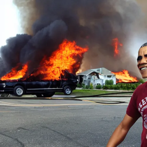 Prompt: a photo of a house burning down while surrounded by emergency vehicles in the background and barack obama with an eerie smile in the foreground, strong depth of field