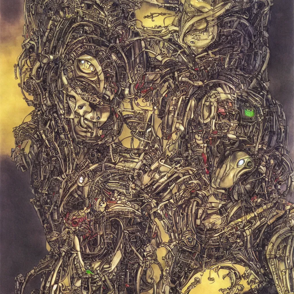 Prompt: alien robot drawing a human face with hand, patrick woodroffe, akria toriyama, spirited away