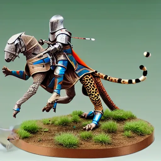 Image similar to A medieval knight riding on a giant two legged leopard gecko, highly detailed, painted wargaming miniature