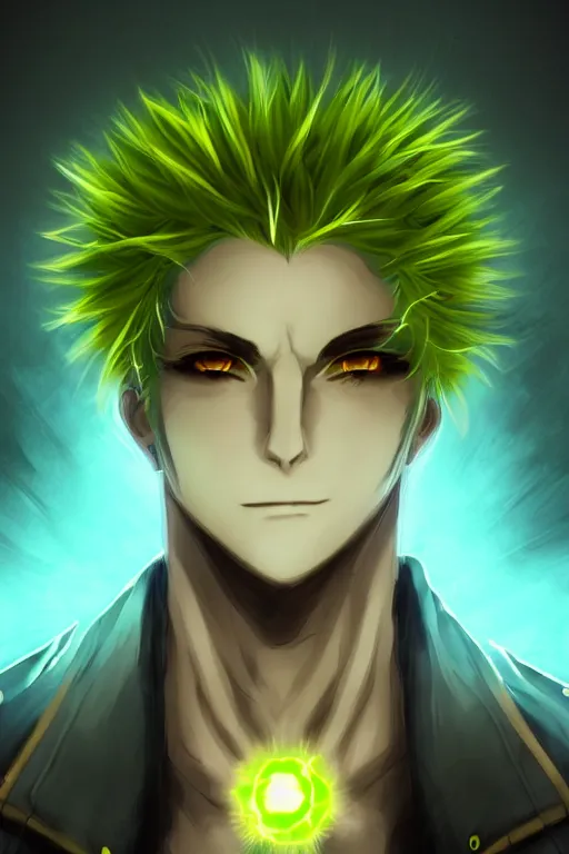 Image similar to nuke cloud dandelion male anime character, symmetrical, highly detailed, digital art, sharp focus, trending on art station, green eyes, glowing radioactive colours