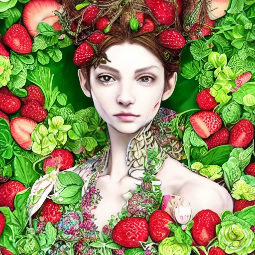 Image similar to the portrait of an absurdly beautiful, graceful, elegant, sophisticated, fashionable woman made of strawberries and green petals, an ultrafine hyperdetailed illustration by kim jung gi, irakli nadar, intricate linework, bright colors, octopath traveler, final fantasy, unreal engine 5 highly rendered, global illumination, radiant light, detailed and intricate environment