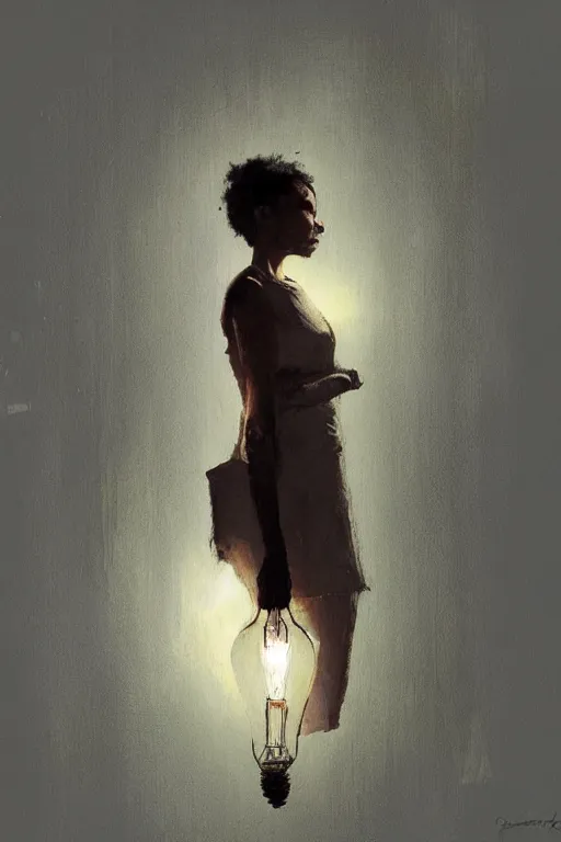 Image similar to a woman inside of an empty light bulb. by greg rutkowski and basquiat