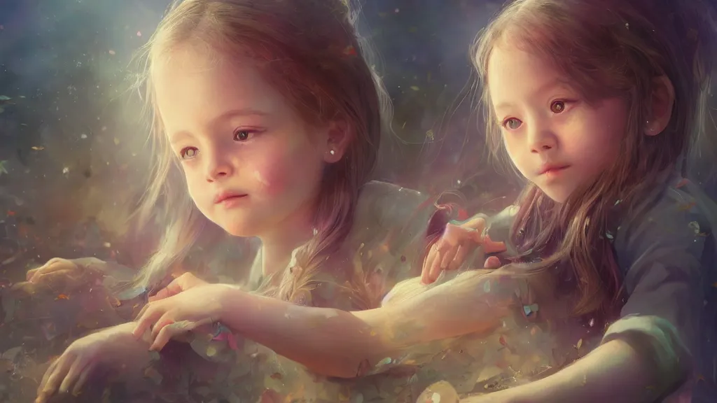 Prompt: a beautiful portrait of a little girl lost in a delightful world of thought, surreal, concept art, detailed, artstation, 4k