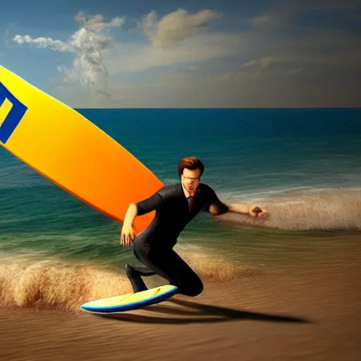 Image similar to dutch mark rutte hyperrealistic, octane render, surfing on a cheese sandwich